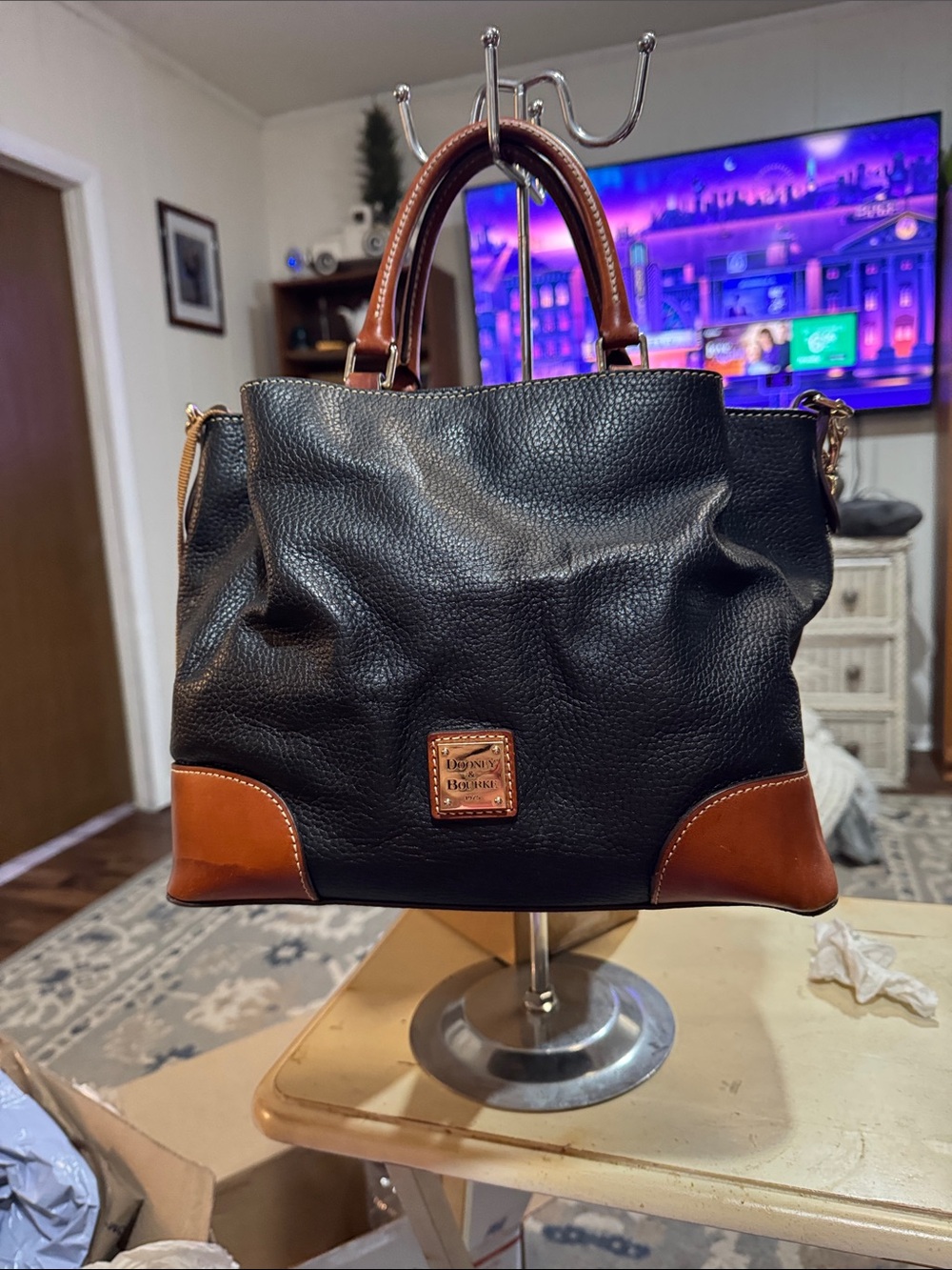 Dooney & Bourke Brenna Black & Tan Florentine Leather Satchel/Crossbody